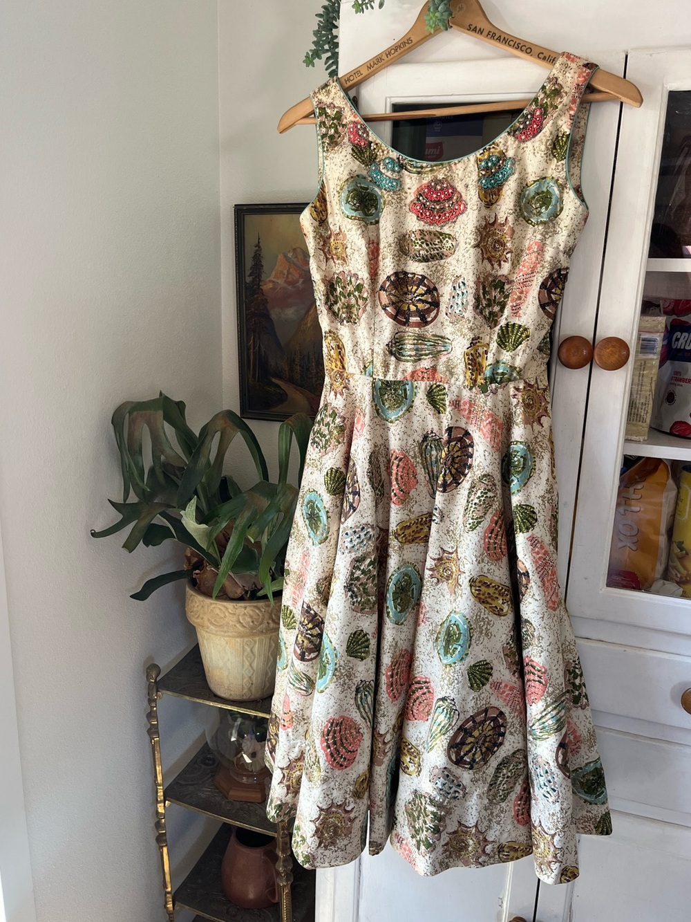 Vintage 50s 60s Kramer Mid Century Sea Shell Novelty Cotton Party Midi Dress S - Picture 2 of 16